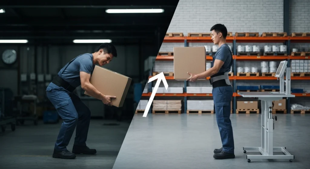 Comparison showing a worker's back strain before and after ergonomic workspace adjustments.