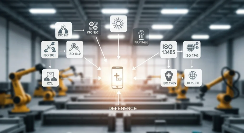 Flowchart diagram showing manufacturing standards linked to a high-quality product in a factory.