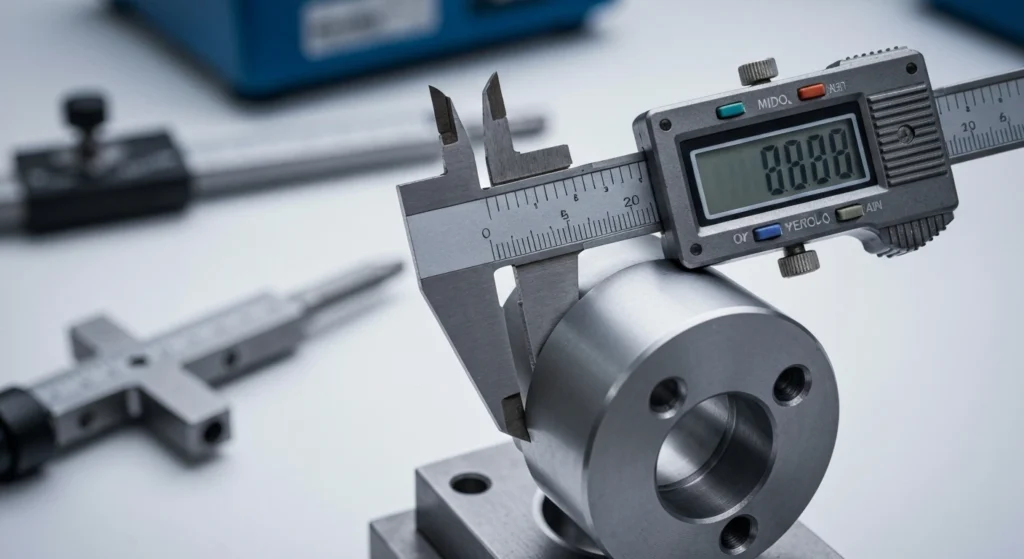 Digital caliper measuring a precision machined part on a clean, well-lit workbench.