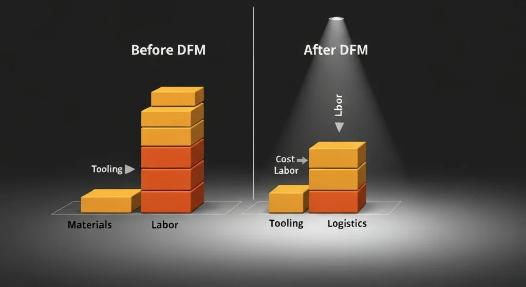Bar graph showing cost savings in materials and labor after implementing Design for Manufacturing (DFM).