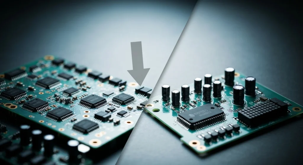 Comparison showing an electronic module's components reduced, illustrating simplified assembly.