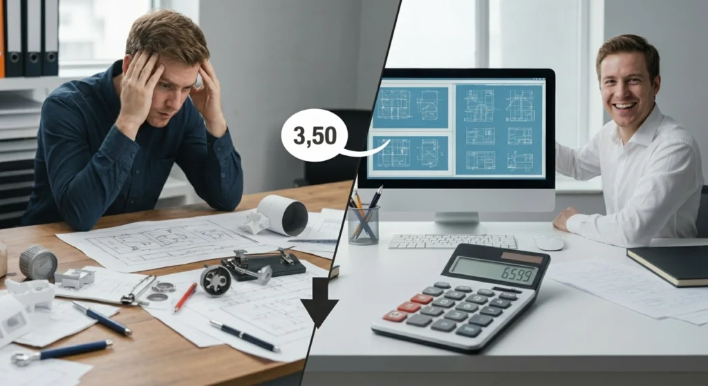 7 pasos prácticos para implementar Design for Manufacturing (DFM)
DFM concept design reduces costs: Frustrated engineer on left, efficient design on right.